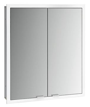 EMCO PRIME SLIM zrcadlová skříňka vestavná 60x70x14,4 cm, osvětlení s regulací stmívání a teploty světla, s vypínačem a el. zásuvkou, hliník, zadní stěna bílé sklo 