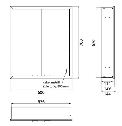 EMCO PRIME SLIM zrcadlová skříňka vestavná 60x70x14,4 cm, osvětlení s regulací stmívání a teploty světla, s vypínačem a el. zásuvkou, černá, zadní stěna bílé sklo 949713603 Technický nákres