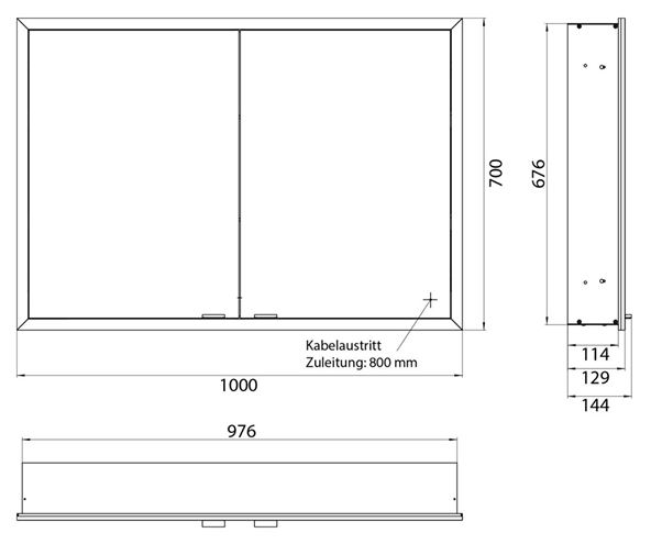 EMCO PRIME SLIM zrcadlová skříňka vestavná 100x70x14,4 cm, osvětlení s regulací stmívání a teploty světla, s vypínačem a el. zásuvkou, hliník, zadní stěna bílé sklo  949708305 Technický nákres