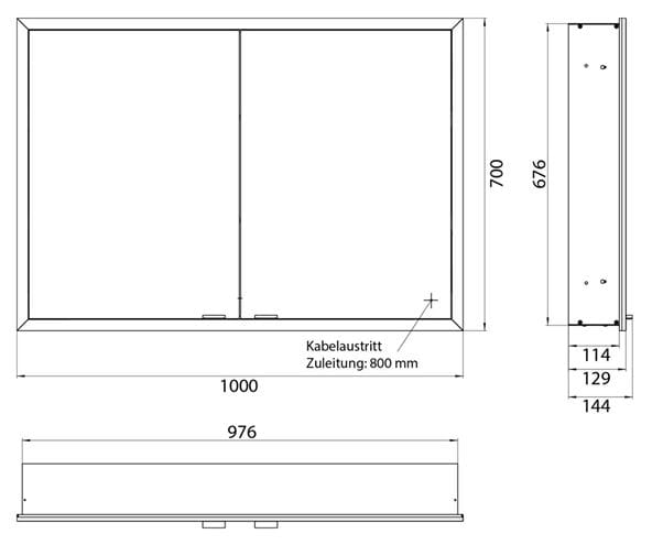EMCO PRIME SLIM zrcadlová skříňka vestavná 100x70x14,4 cm, osvětlení s regulací stmívání a teploty světla, s vypínačem a el. zásuvkou, černá, zadní stěna zrcadlo 949713505 Technický nákres