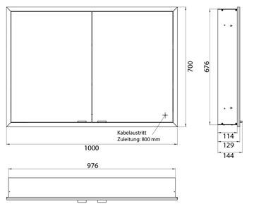 EMCO PRIME SLIM zrcadlová skříňka vestavná 100x70x14,4 cm, osvětlení s regulací stmívání a teploty světla, s vypínačem a el. zásuvkou, černá, zadní stěna bílé sklo  949713605 Technický nákres