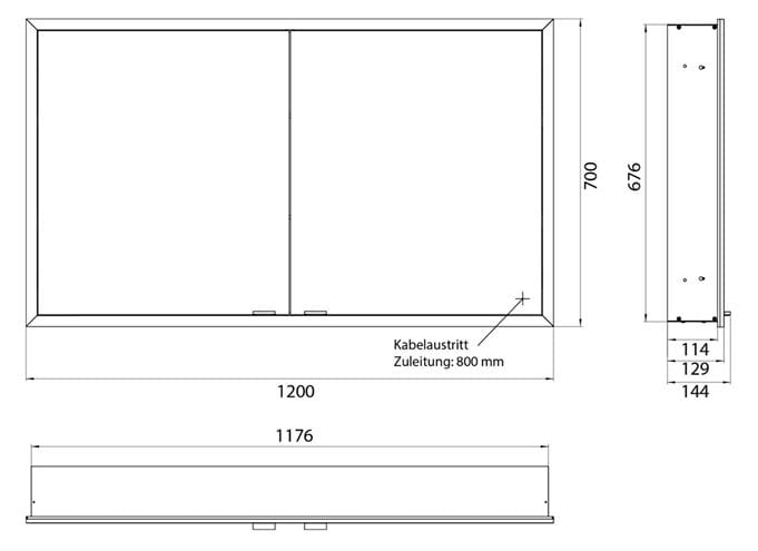 EMCO PRIME SLIM zrcadlová skříňka vestavná 120x70x14,4 cm, osvětlení s regulací stmívání a teploty světla, s vypínačem a el. zásuvkou, hliník, zadní stěna zrcadlo 949708206 Technický nákres