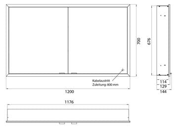 EMCO PRIME SLIM zrcadlová skříňka vestavná 120x70x14,4 cm, osvětlení s regulací stmívání a teploty světla, s vypínačem a el. zásuvkou, černá, zadní stěna zrcadlo 949713506 Technický nákres