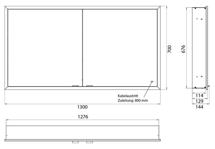 EMCO PRIME SLIM zrcadlová skříňka vestavná 130x70x14,4 cm, osvětlení s regulací stmívání a teploty světla, s vypínačem a el. zásuvkou, hliník, zadní stěna zrcadlo 949708207 Technický nákres