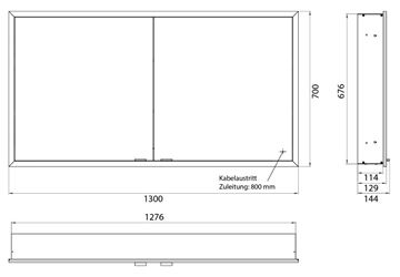 EMCO PRIME SLIM zrcadlová skříňka vestavná 130x70x14,4 cm, osvětlení s regulací stmívání a teploty světla, s vypínačem a el. zásuvkou, hliník, zadní stěna bílé sklo  949708307 Technický nákres