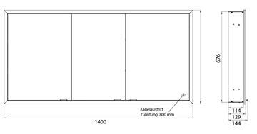 EMCO PRIME SLIM zrcadlová skříňka vestavná 140x70x14,4 cm, osvětlení s regulací stmívání a teploty světla, s vypínačem a el. zásuvkou, hliník, zadní stěna zrcadlo 949708208 Technický nákres