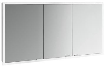 EMCO PRIME SLIM zrcadlová skříňka vestavná 140x70x14,4 cm, osvětlení s regulací stmívání a teploty světla, s vypínačem a el. zásuvkou, hliník, zadní stěna bílé sklo 