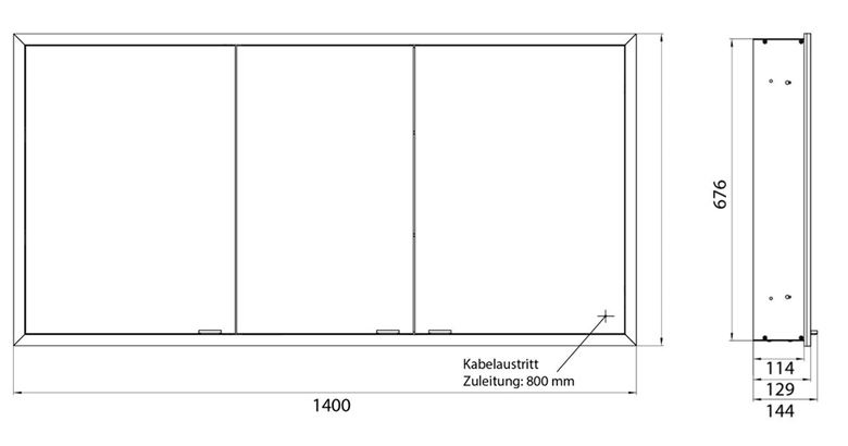 EMCO PRIME SLIM zrcadlová skříňka vestavná 140x70x14,4 cm, osvětlení s regulací stmívání a teploty světla, s vypínačem a el. zásuvkou, černá, zadní stěna bílé sklo 949713608 Technický nákres