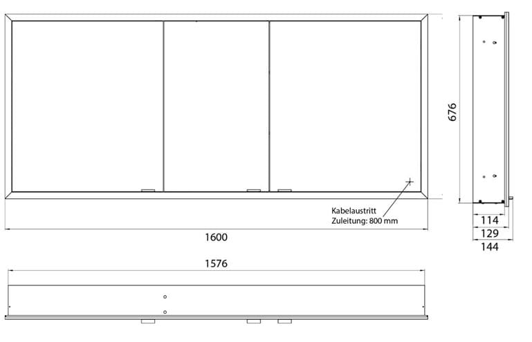EMCO PRIME SLIM zrcadlová skříňka vestavná 160x70x14,4 cm, osvětlení s regulací stmívání a teploty světla, s vypínačem a el. zásuvkou, hliník, zadní stěna bílé sklo  949708309 Technický nákres