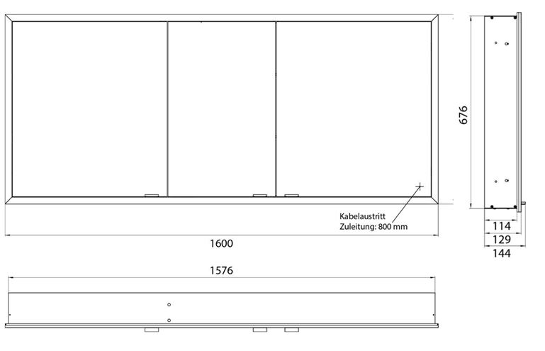 EMCO PRIME SLIM zrcadlová skříňka vestavná 160x70x14,4 cm, osvětlení s regulací stmívání a teploty světla, s vypínačem a el. zásuvkou, černá, zadní stěna zrcadlo 949713509 Technický nákres