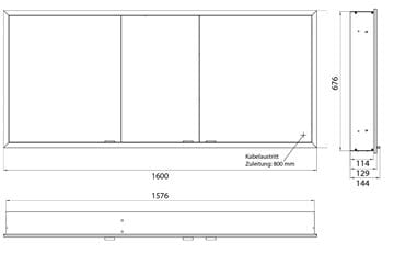 EMCO PRIME SLIM zrcadlová skříňka vestavná 160x70x14,4 cm, osvětlení s regulací stmívání a teploty světla, s vypínačem a el. zásuvkou, černá, zadní stěna zrcadlo 949713509 Technický nákres