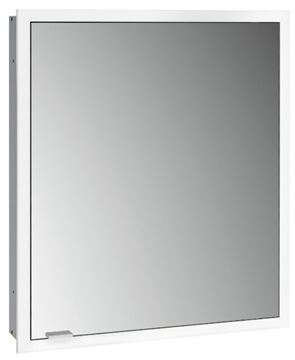 EMCO PRIME SLIM zrcadlová skříňka vestavná 60x70x14,4 cm, osvětlení s regulací stmívání a teploty světla, s vypínačem a el. zásuvkou, panty vpravo, hliník, zadní stěna bílé sklo 