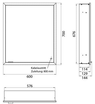 EMCO PRIME SLIM zrcadlová skříňka vestavná 60x70x14,4 cm, osvětlení s regulací stmívání a teploty světla, s vypínačem a el. zásuvkou, panty vpravo, černá, zadní stěna zrcadlo 949713502 Technický nákres