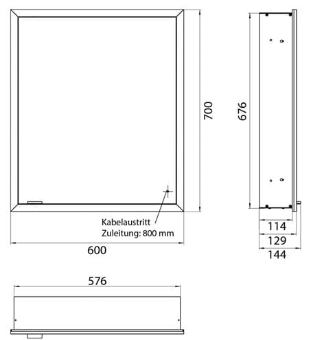 EMCO PRIME SLIM zrcadlová skříňka vestavná 60x70x14,4 cm, osvětlení s regulací stmívání a teploty světla, s vypínačem a el. zásuvkou, panty vpravo, černá, zadní stěna zrcadlo 949713502 Technický nákres