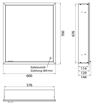 EMCO PRIME SLIM zrcadlová skříňka vestavná 60x70x14,4 cm, osvětlení s regulací stmívání a teploty světla, s vypínačem a el. zásuvkou, panty vpravo, černá, zadní stěna bílé sklo  949713602 Technický nákres