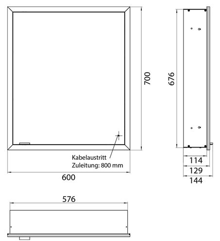 EMCO PRIME SLIM zrcadlová skříňka vestavná 60x70x14,4 cm, osvětlení s regulací stmívání a teploty světla, s vypínačem a el. zásuvkou, panty vpravo, černá, zadní stěna bílé sklo  949713602 Technický nákres
