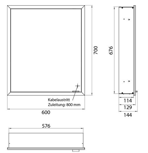 EMCO PRIME SLIM zrcadlová skříňka vestavná 60x70x14,4 cm, osvětlení s regulací stmívání a teploty světla, s vypínačem a el. zásuvkou, panty vlevo, hliník, zadní stěna bílé sklo  949708301 Technický nákres