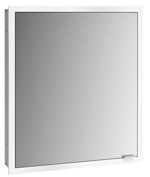 EMCO PRIME SLIM zrcadlová skříňka vestavná 60x70x14,4 cm, osvětlení s regulací stmívání a teploty světla, s vypínačem a el. zásuvkou, panty vlevo, hliník, zadní stěna bílé sklo 