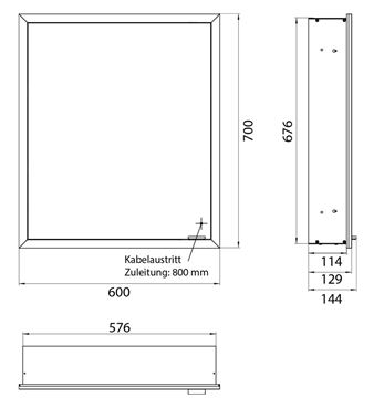 EMCO PRIME SLIM zrcadlová skříňka vestavná 60x70x14,4 cm, osvětlení s regulací stmívání a teploty světla, s vypínačem a el. zásuvkou, panty vlevo, černá, zadní stěna zrcadlo 949713501 Technický nákres