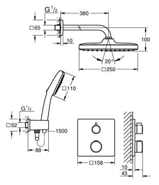 GROHE GROHTHERM sprchový set s podomítkovou termostatickou baterií, horní sprcha, ruční sprcha se 2 proudy, hadice, držák, chrom 1039950000 Technický nákres