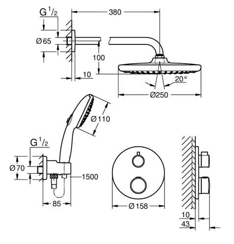 GROHE GROHTHERM sprchový set s podomítkovou termostatickou baterií, horní sprcha, ruční sprcha se 2 proudy, hadice, držák, chrom 1039960000 Technický nákres