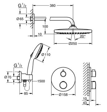 GROHE GROHTHERM sprchový set s podomítkovou termostatickou baterií, horní sprcha, ruční sprcha se 2 proudy, hadice, držák, chrom 1039960000 Technický nákres