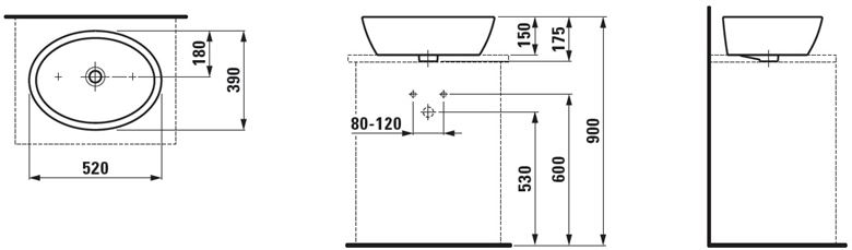 LAUFEN PRO umyvadlová mísa 52 cm, s přepadem H8129640001091 Technický nákres