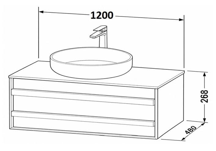 DURAVIT OCAVO skříňka pod umyvadlo 120x48x26,8 cm, 1 zásuvka, světlý dub OC50920H7H70000 Technický nákres