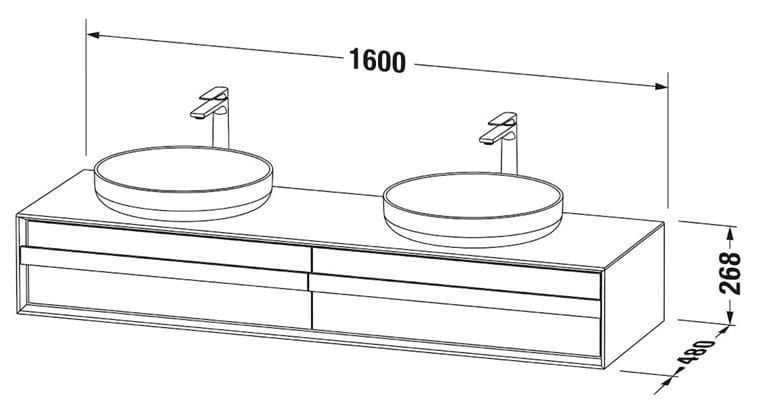 DURAVIT OCAVO skříňka pod 2 umyvadla 160x48x26,8 cm, 2 zásuvky, přírodní dub OC50930H5H50000 Technický nákres