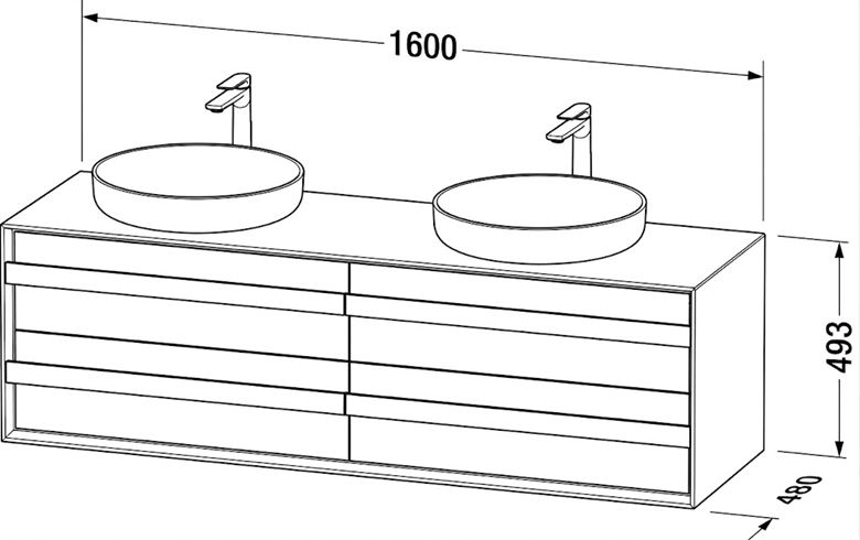 DURAVIT OCAVO skříňka pod 2 umyvadla 160x48x49,3 cm, 4 zásuvky, černý dub OC50970H6H60000 Technický nákres