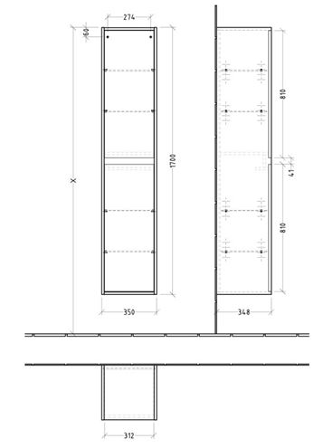 VILLEROY & BOCH SKYLA vysoká skříňka 35x34,8x170 cm, 2 dvířka, panty vlevo, soft green C80100AF Technický nákres