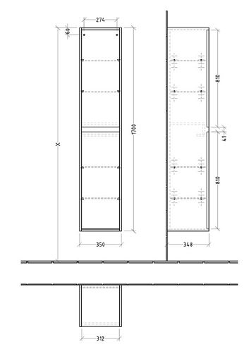 VILLEROY & BOCH SKYLA vysoká skříňka 35x34,8x170 cm, 2 dvířka, panty vlevo, brilliant white C80100VE Technický nákres