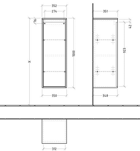 VILLEROY & BOCH SKYLA nízká skříňka 35x34,8x100 cm, 1 dvířka, panty vpravo, soft green C80201AF Technický nákres