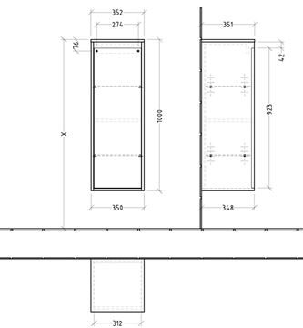 VILLEROY & BOCH SKYLA nízká skříňka 35x34,8x100 cm, 1 dvířka, panty vpravo, brilliant white C80201VE Technický nákres