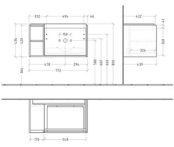 VILLEROY & BOCH SKYLA skříňka pod umyvadlo 77,2x43,9x43,6 cm, 1 zásuvka, 2 police, soft green C78700AF Technický nákres