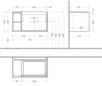 VILLEROY & BOCH SKYLA skříňka pod umyvadlo 77,2x43,9x43,6 cm, 1 zásuvka, 2 police, brilliant white C78700VE Technický nákres