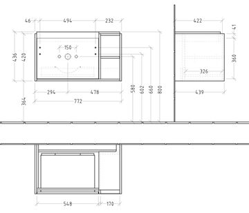 VILLEROY & BOCH SKYLA skříňka pod umyvadlo 77,2x43,9x43,6 cm, 1 zásuvka, 2 police, brilliant white C78800VE Technický nákres