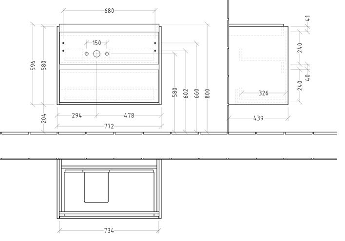 VILLEROY & BOCH SKYLA skříňka pod umyvadlo 77,2x43,9x59,6 cm, 2 zásuvky, brilliant white C79800VE Technický nákres