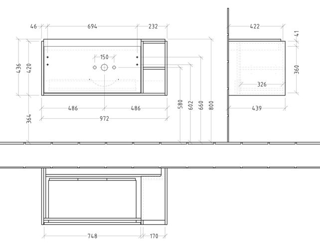 VILLEROY & BOCH SKYLA skříňka pod umyvadlo 97,2x43,9x43,6 cm, 1 zásuvka, 2 police, brilliant white C79100VE Technický nákres