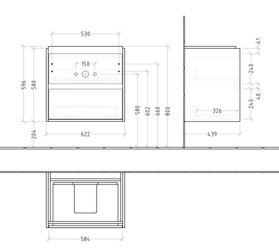 VILLEROY & BOCH SKYLA skříňka pod umyvadlo 62,2x43,9x59,6 cm, 2 zásuvky,  brilliant white C79500VE Technický nákres