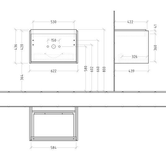 VILLEROY & BOCH SKYLA skříňka pod umyvadlo 62,2x43,9x59,6 cm, 1 zásuvka, soft green C78500AF Technický nákres