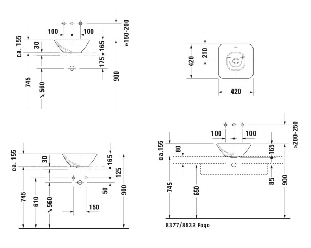 DURAVIT BACINO umyvadlo na desku 42 cm, s přepadem, DuraShield 033342AA00 Technický nákres