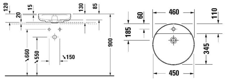 DURAVIT VITRIUM umyvadlová mísa 46 cm, s otvorem pro baterii, bez přepadu, matná skořicová 266246HC71 Technický nákres