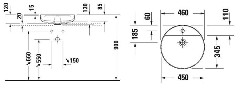 DURAVIT VITRIUM umyvadlová mísa 46 cm, s otvorem pro baterii, bez přepadu, matná světle šedá 266246HD71 Technický nákres