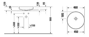 DURAVIT VITRIUM umyvadlová mísa 46 cm, bez přepadu, matná salonní modrá 266146HB79 Technický nákres