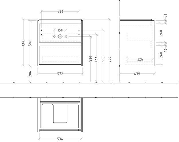 VILLEROY & BOCH SKYLA skříňka pod umyvadlo 57,2x43,9x59,6 cm, 2 zásuvky, brilliant white C79400VE Technický nákres