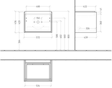 VILLEROY & BOCH SKYLA skříňka pod umyvadlo 57,2x43,9x43,6 cm, 1 zásuvka, brilliant white C78400VE Technický nákres