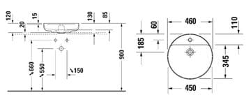 DURAVIT VITRIUM umyvadlová mísa 46 cm, s otvorem pro baterii, bez přepadu, matná tmavě šedá 266246HE71 Technický nákres
