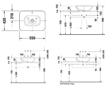 DURAVIT BACINO umyvadlo na desku 55 cm, s přepadem, DuraShield 033452AA00 Technický nákres