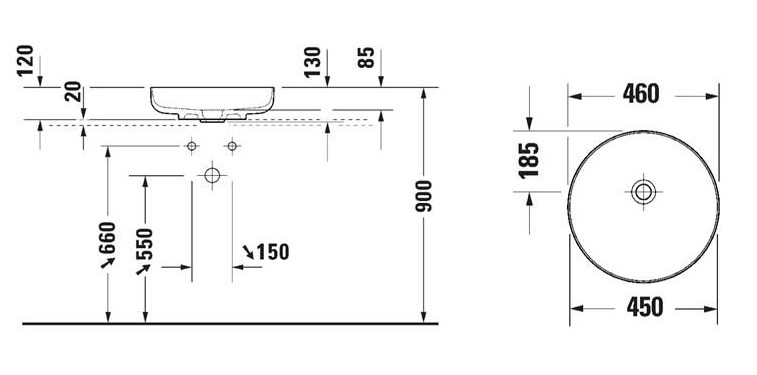 DURAVIT VITRIUM umyvadlová mísa 46 cm, bez přepadu, matná hedvábně bílá 2661463279 Technický nákres